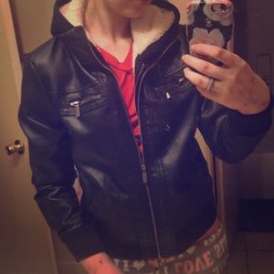 White fur lined Black leather jacket